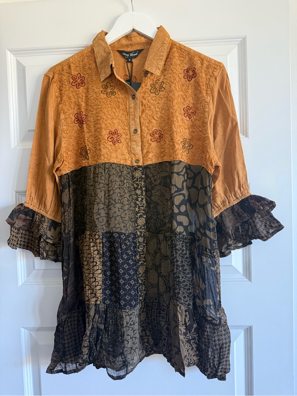 Young Threads Boho Patchwork Ruffle Tunic Top NWT S